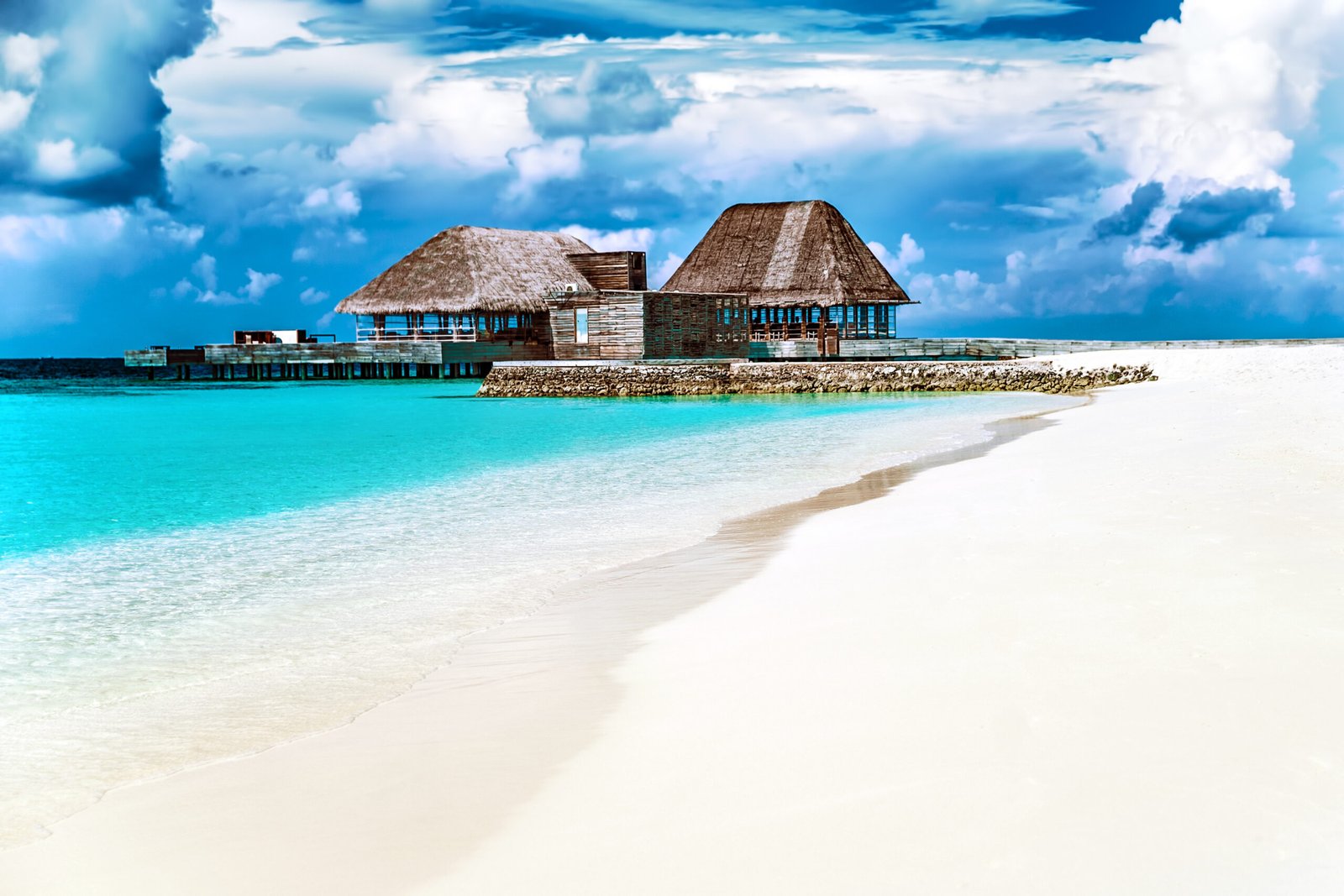 Beautiful little villa on the perfect white sand, peaceful summer vacation on the luxury beach resort, Maldives island
